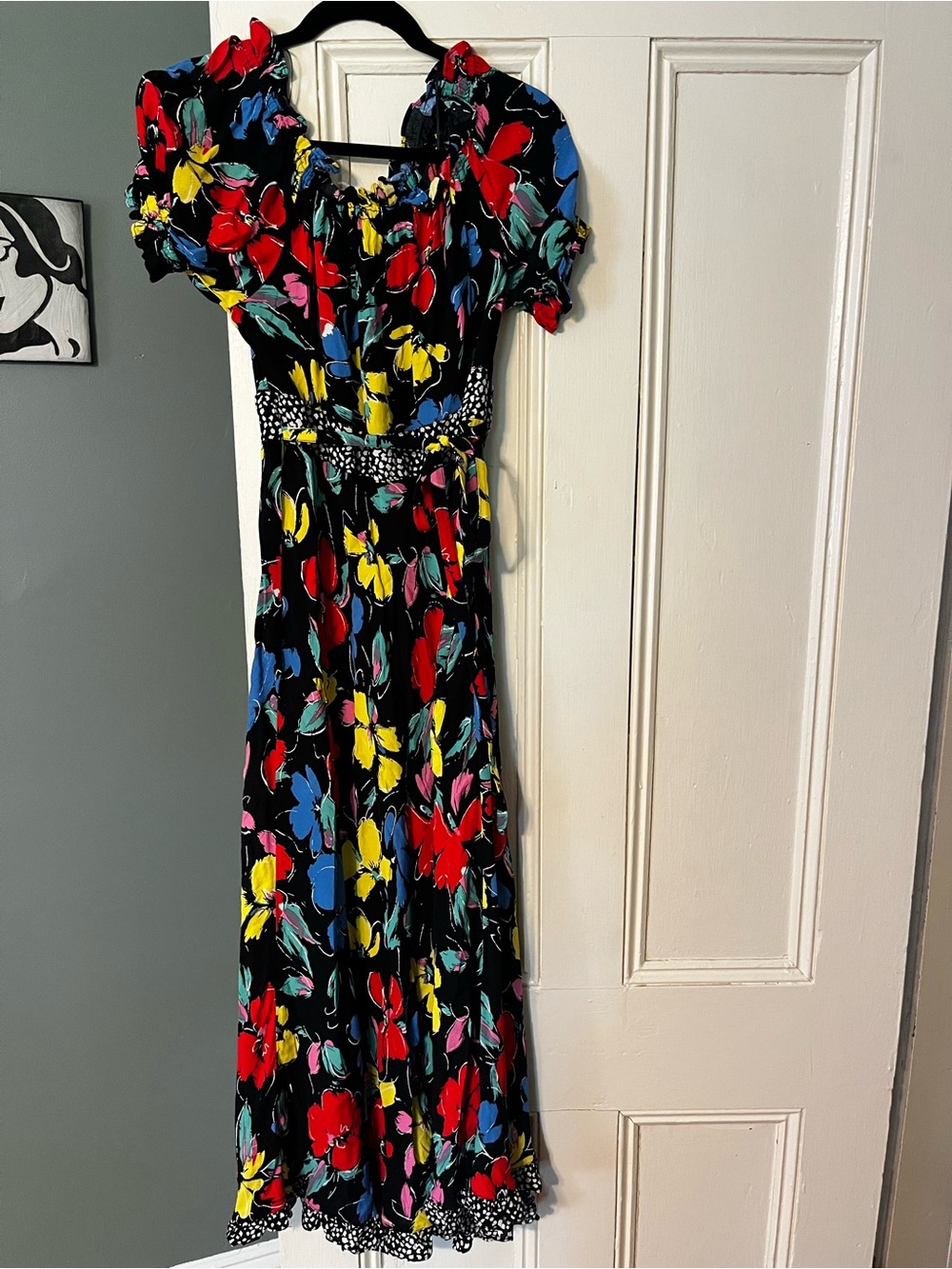 RIXO Black Maxi Dress with Red, Yellow, Blue & Pink Floral Print